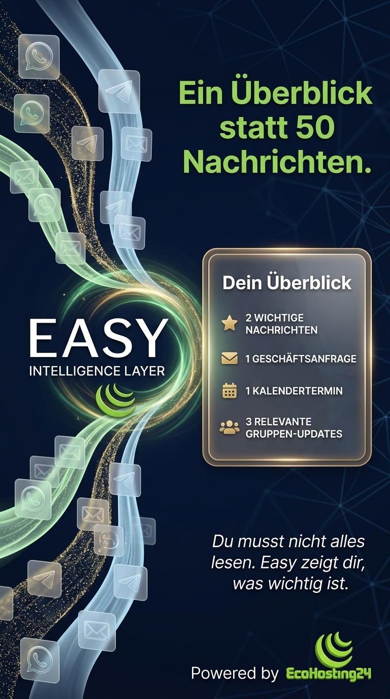 Ein Überblick statt 50 Nachrichten: Easy fasst viele Nachrichten zu einem Überblick zusammen – 2 wichtige Nachrichten, 1 Geschäftsanfrage, 1 Kalendertermin, 3 relevante Gruppen-Updates.