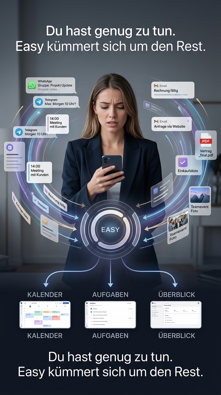 Easy nimmt Nachrichten und Aufgaben aus WhatsApp, Telegram und E-Mail auf und macht daraus Kalender, Aufgaben und Überblick – du hast genug zu tun, Easy kümmert sich um den Rest.